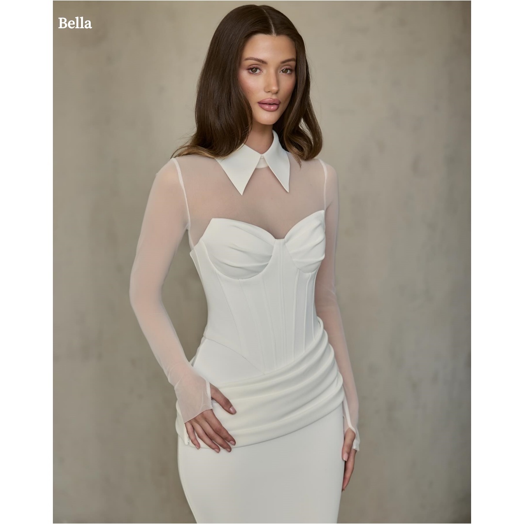 Bella カスタマイズされた白のストラップレス長袖ローブ・ド・ソワレマーメイドネックパーティードレス床の長さのサテンウエディングドレス 2025