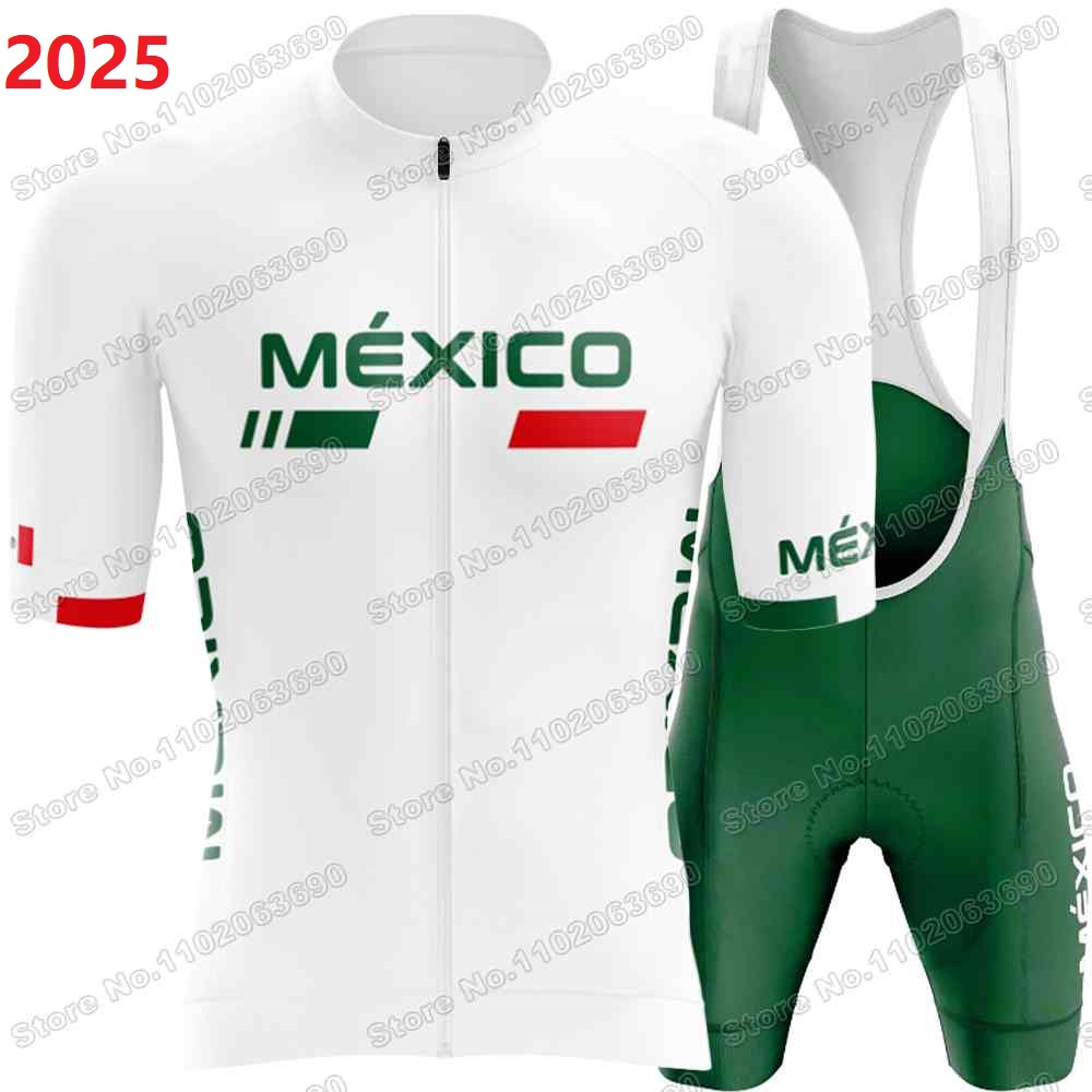 2025 チームメキシコサイクリングジャージ半袖セット世界チャンピオンサイクリング服男性ロードバイクシャツスーツ自転車ビブショーツ