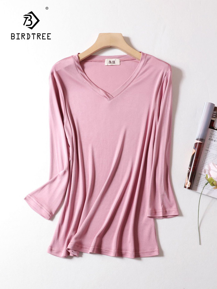 BirdTree、天然シルクブレンドニットTシャツ、女性ソリッド7/4スリーブ、快適な肌に優しいベーシック下着、夏T45625QC