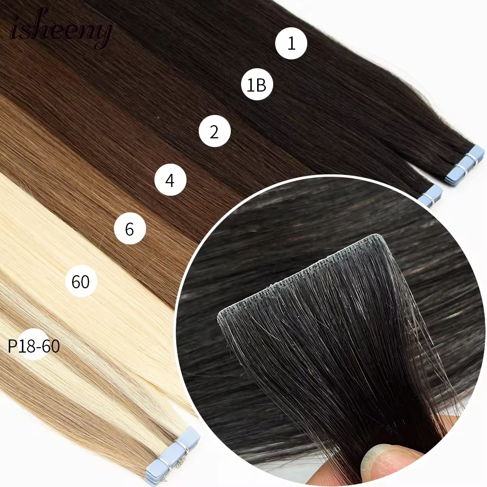 Isheeny 12 "16" 20" PU スキン横糸テープヘアエクステンション 10 個目に見えないテープでヘアエクステンションストレートマシンレミー人毛