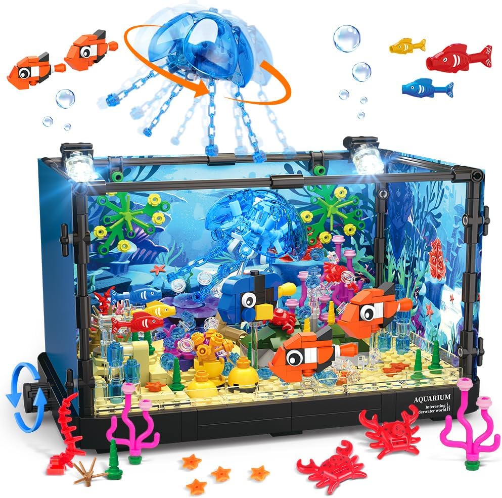 水槽ブロックセット ライト付き 水族館 海洋生物 サメエコタンク 子供用ブロックプレイセット 6歳 海愛好家へのギフト