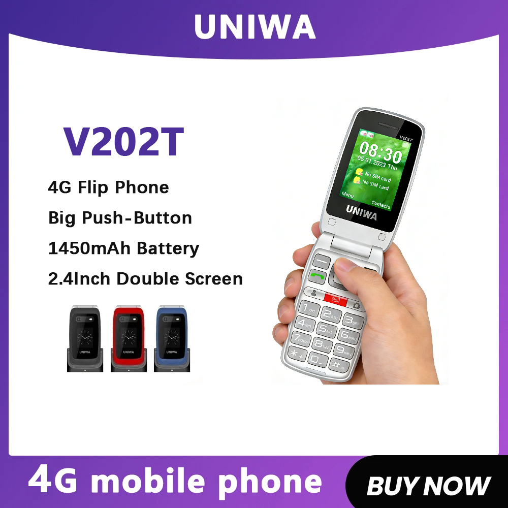 UNIWA V202T 4G 機能フリップ電話ファッションデュアルスクリーン大きなプッシュボタンフリップ携帯電話高齢者用 1450mAh SOS 機能電話
