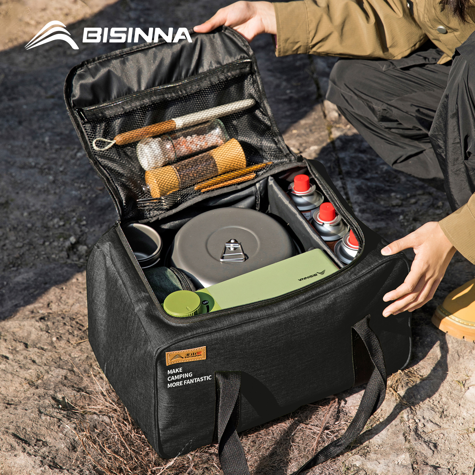 BISINNA アウトドアキャンプバッグ 26L/30L/42L 折りたたみガスタンク収納袋ピクニッククックウェアコンテナキャンプ用品調節可能なパーティション