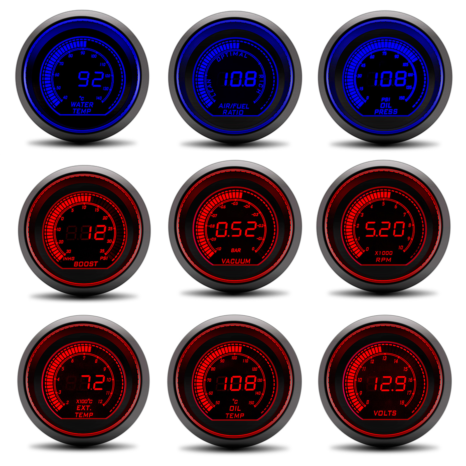 52 ミリメートル水温計ブーストゲージバー Psi 油温オイルプレスボルトタコメーター真空計ゲージポッド赤青カスタマイズ