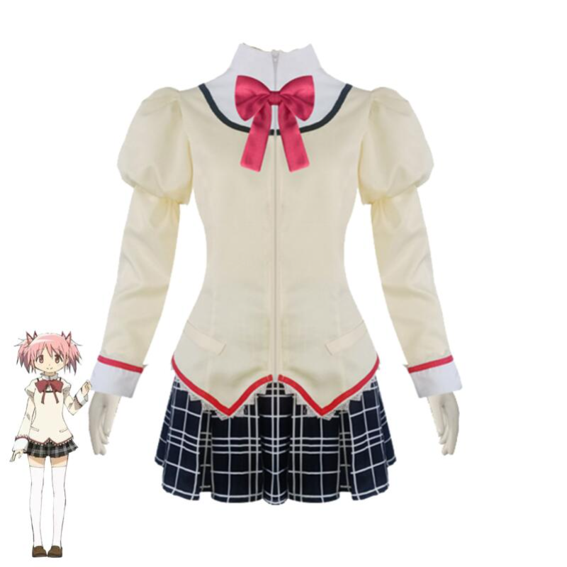 アニメ魔法少女鹿目まどかコスプレ衣装ハロウィンピンクかつら赤蝶ネクタイヘアアクセサリー制服フルセット衣装