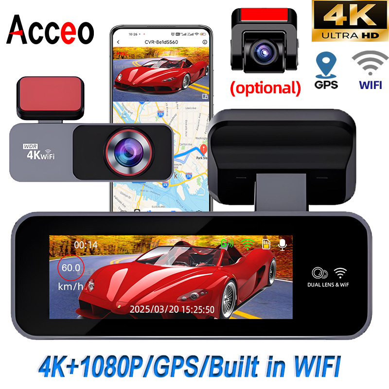 Acceo 4K ウルトラ HD ダッシュカム内蔵 WiFi カー DVR レコーダーサポート 1080P リアカメラデュアルレンズナイトビジョン 24 時間駐車モニター