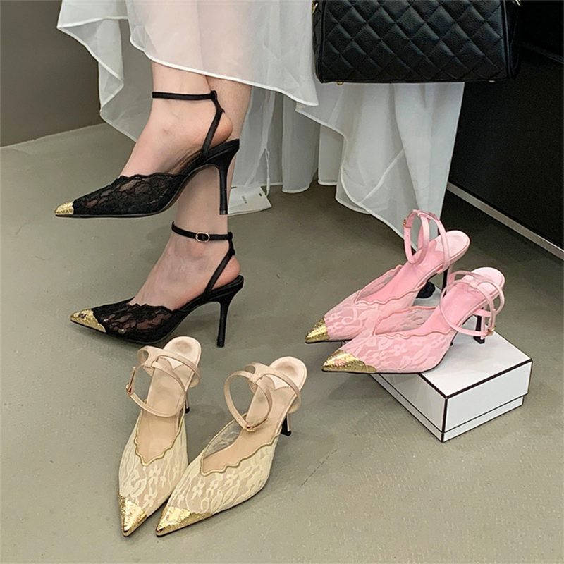 Aneikeh ファッションレトロレースデザイナーポインテッドトゥシンヒールスリングバックパンプス女性の結婚式の宴会ドレスミュールレディースシューズ