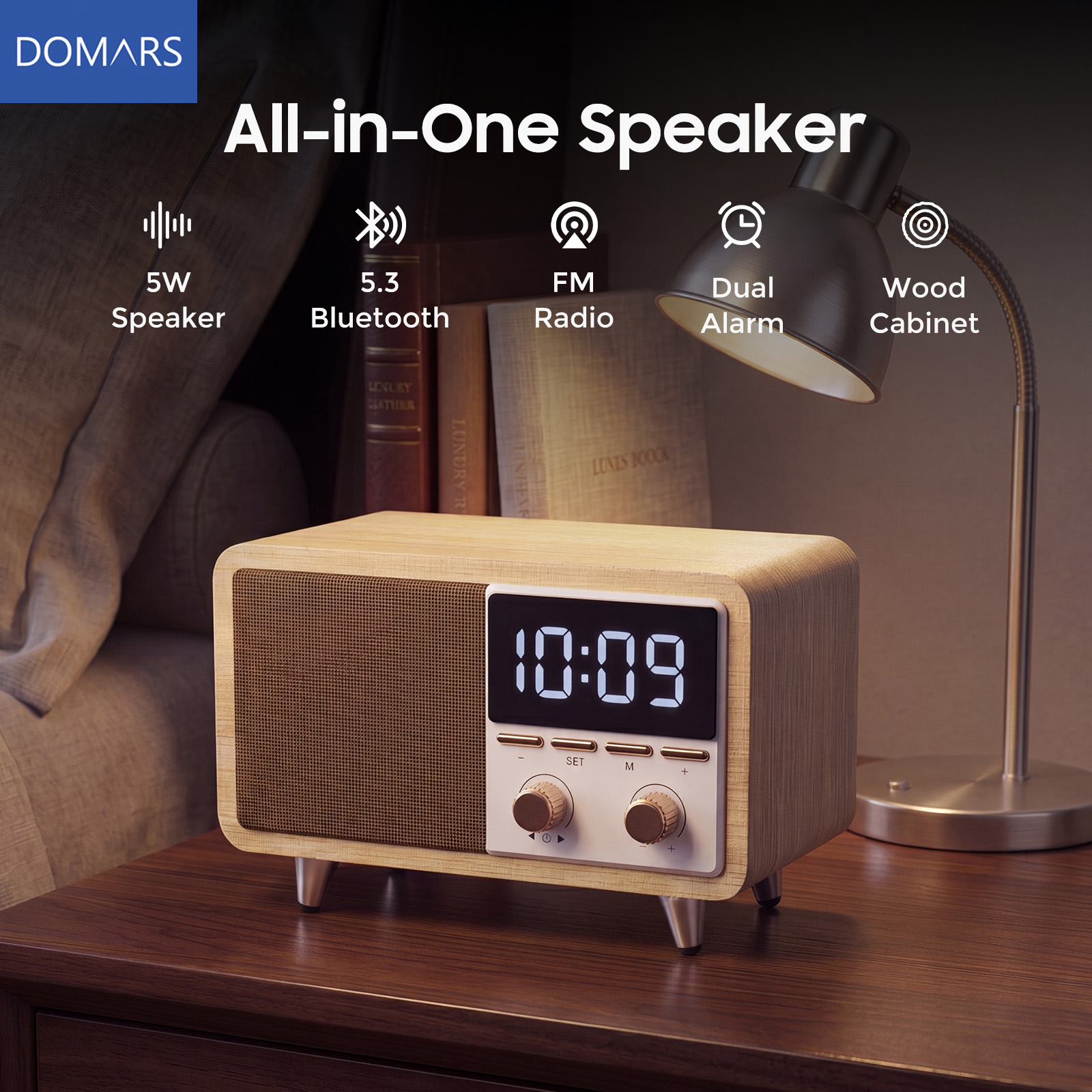 Domars ヴィンテージ木製 Bluetooth スピーカー FM ラジオ付き デュアル目覚まし時計、調光可能な LED デジタル時計スピーカー 寝室の装飾用