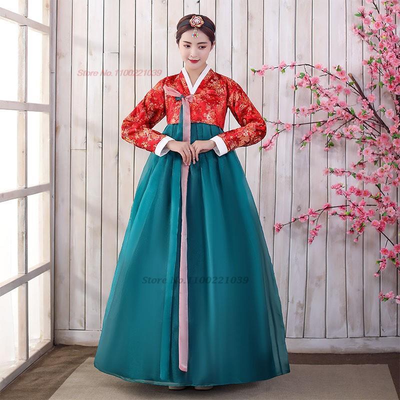 2026 oringinal イブニングドレス韓服古代韓国の民俗ステージパフォーマンスダンス衣装伝統的なフラワープリントシフォンドレス