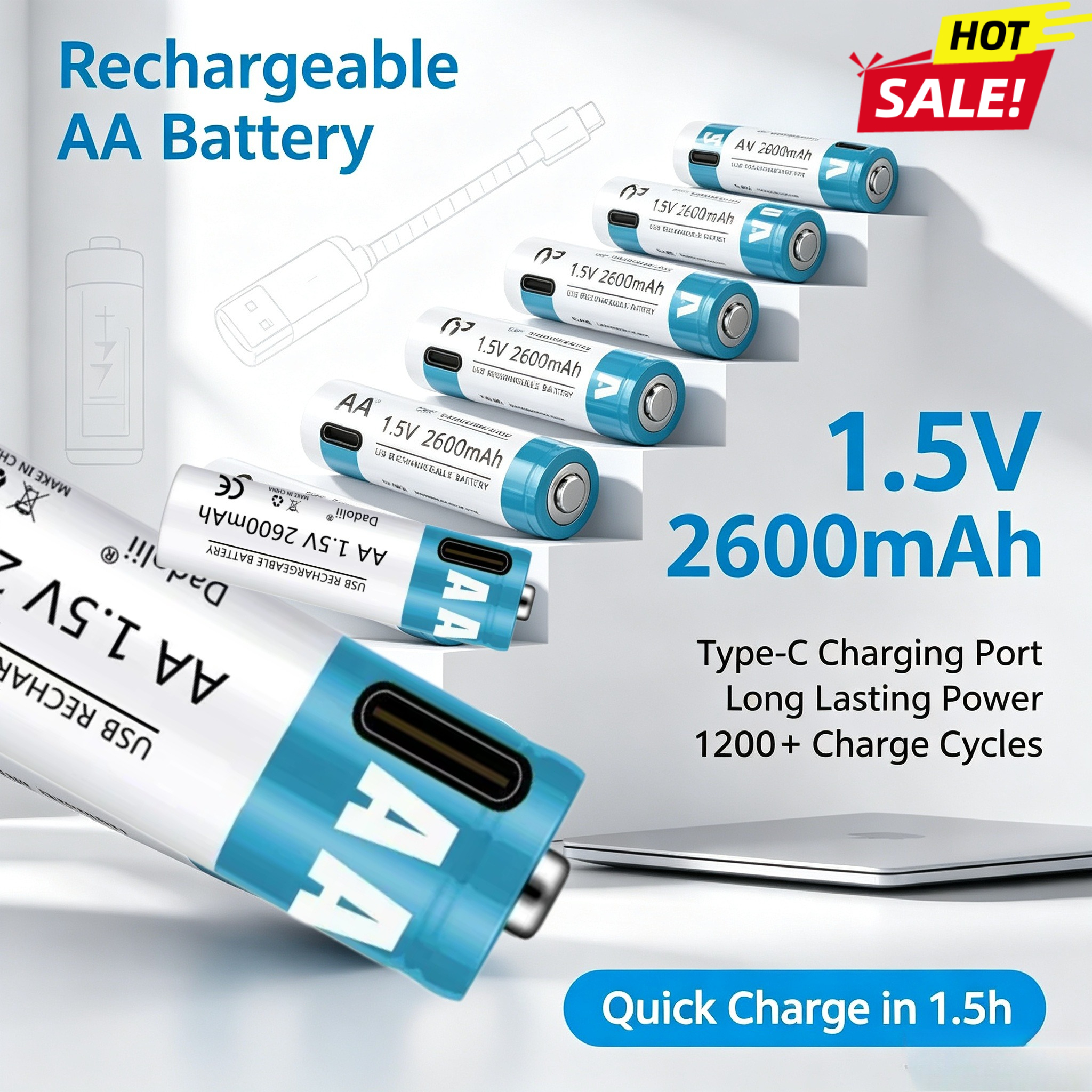 単三電池 1.5V 単三 2600mAh USB 充電式リチウムイオン電池リモコンマウス小型ファン電気玩具バッテリーケーブル