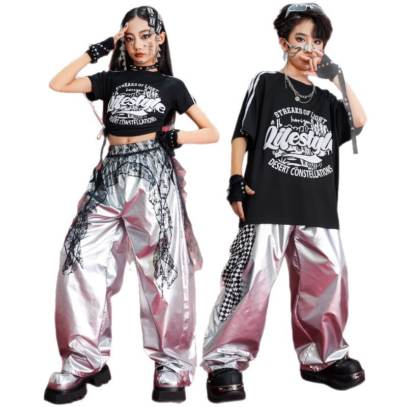 子供用ヒップホップストリートダンスパフォーマンスコスチューム、子供用テクノロジーシルバーセット、女の子用ジャズダンス衣装