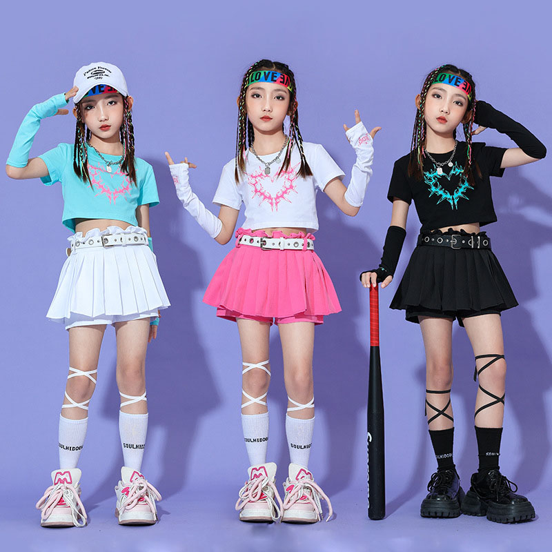 Kid Kpop Hip Hop Clothing Blue White Crop T Shirt Top Sleeves Pink Pleated Skirt Mini for Girls Jazz Dance Wear Costume Clothes