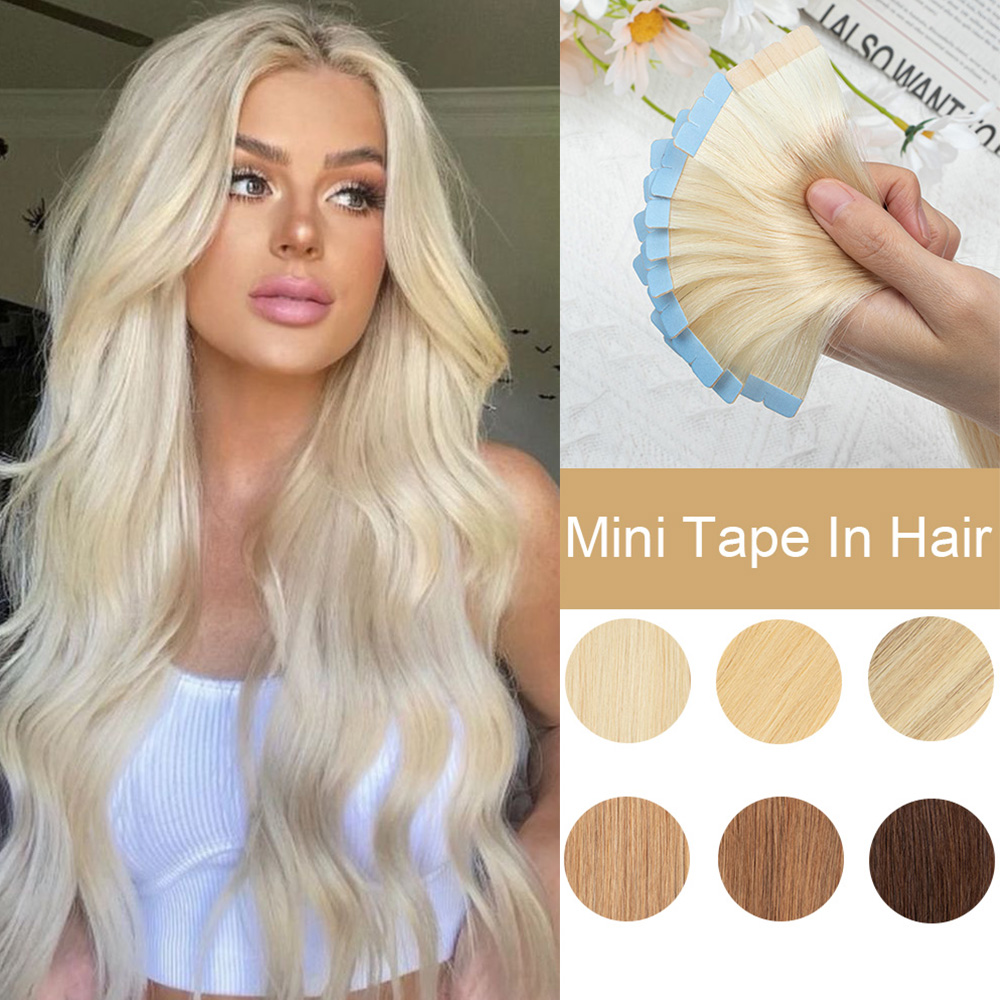 ブロンドミニテープヘアエクステンション人毛ナチュラルストレートブラックブラウン両面シームレス PU スキン横糸テープイン 10 個