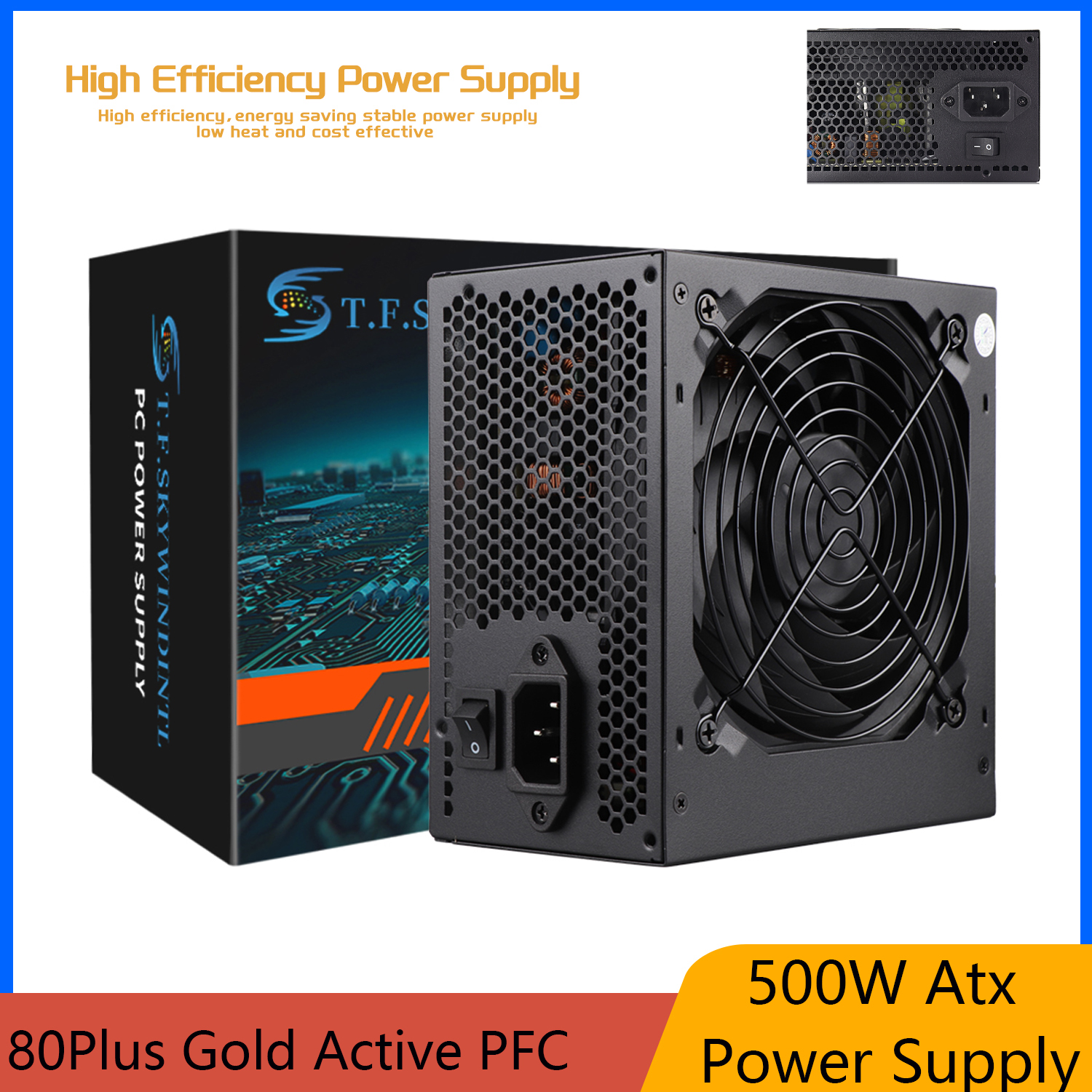 500W ATX電源 80Plus Gold アクティブPFC PC 120mm静音ファン ミニシャーシ小型コンピュータケースデスクトップ電源