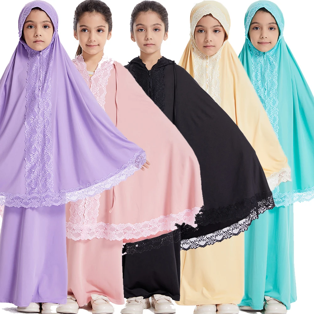 2 個イスラム教徒キッズガールレースイードフード付きヒジャブアバヤローブ Khimar トップススカートスーツイスラム教祈り衣服ドレスカフタンラマダン服