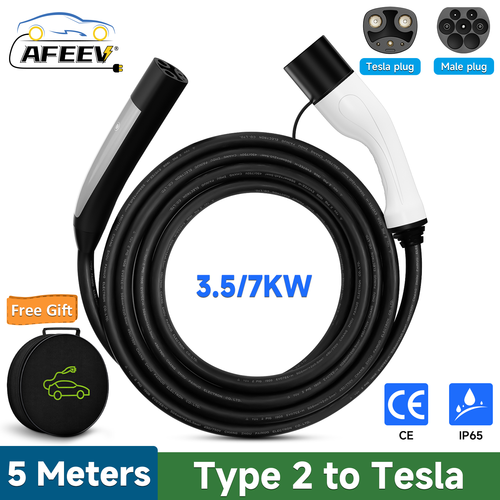 AFEEV 16A/32A 7KW タイプ 2 - テスラ NACS EV 充電ケーブル IEC 62196-2 - モデル 3/Y/X/S EVSE 充電ステーション メス - オスプラグ