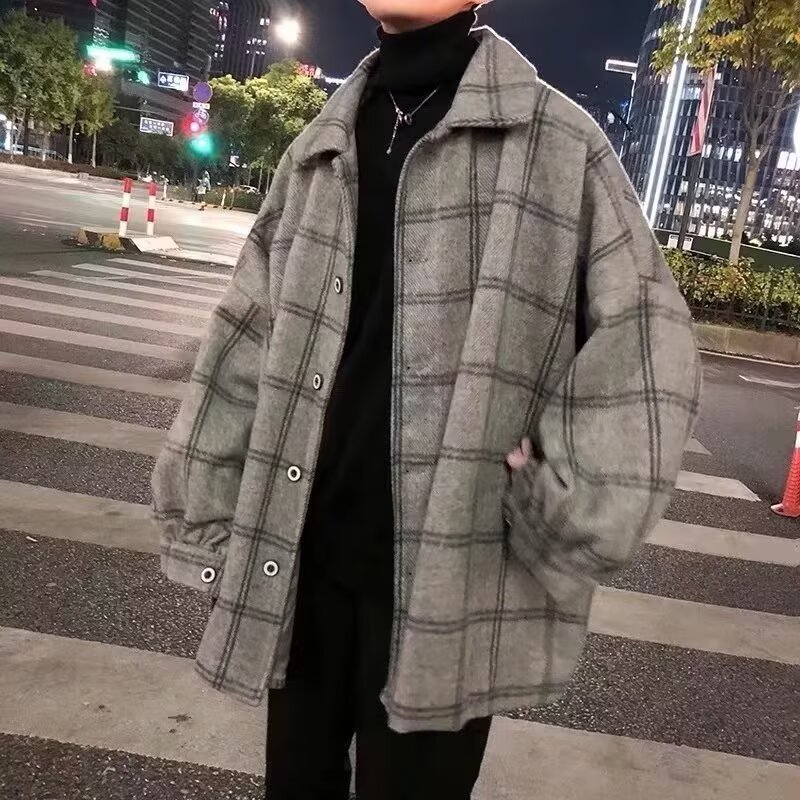 チェックウールコートメンズ秋冬厚手ジャケットウインドブレーカー韓国版トレンディ英国ミディアムロングウールコート