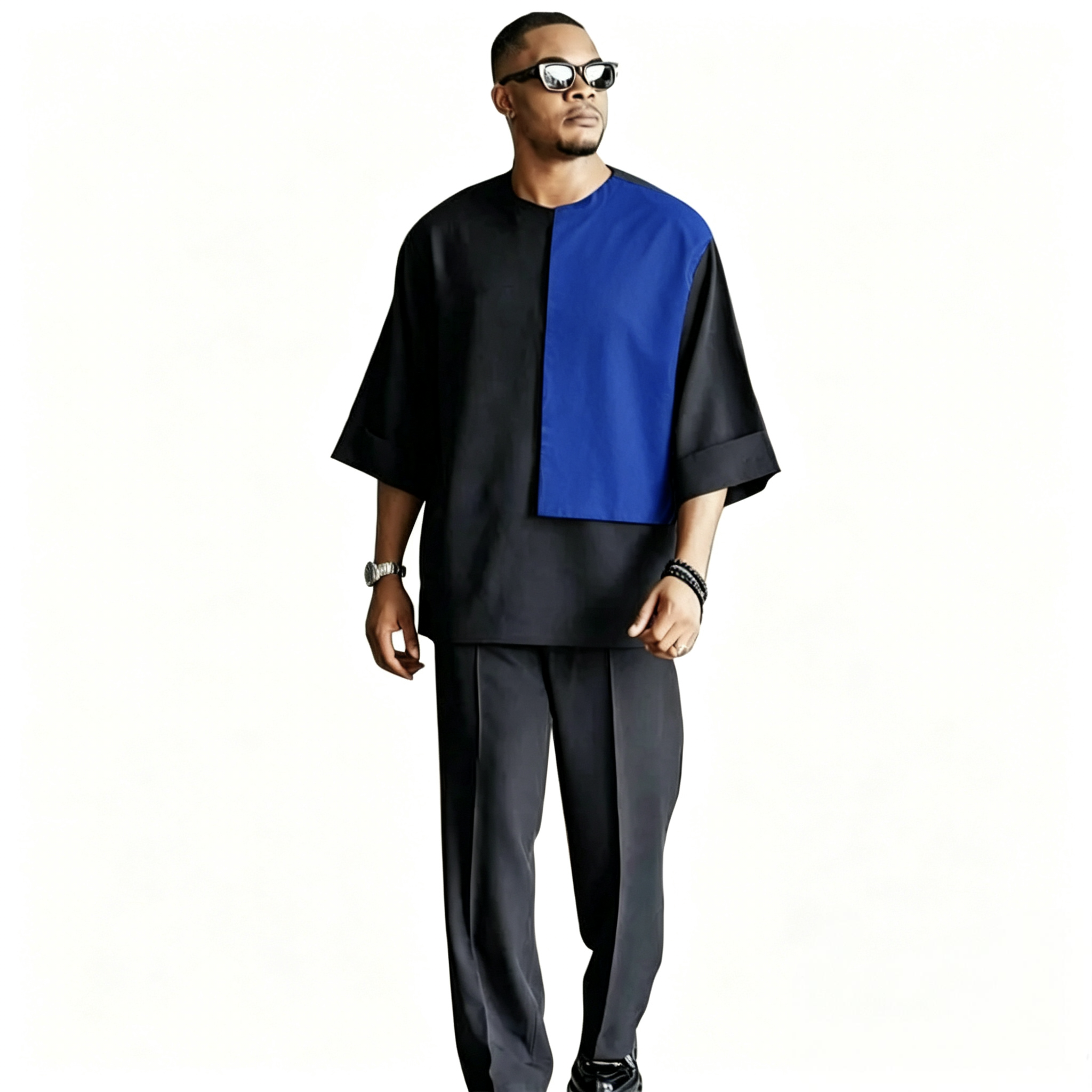 3/4 袖アフリカ服黒人男性ルーズセットナイジェリアスタイルパッチワークトップスパンツオーダーメイドパーティー衣装