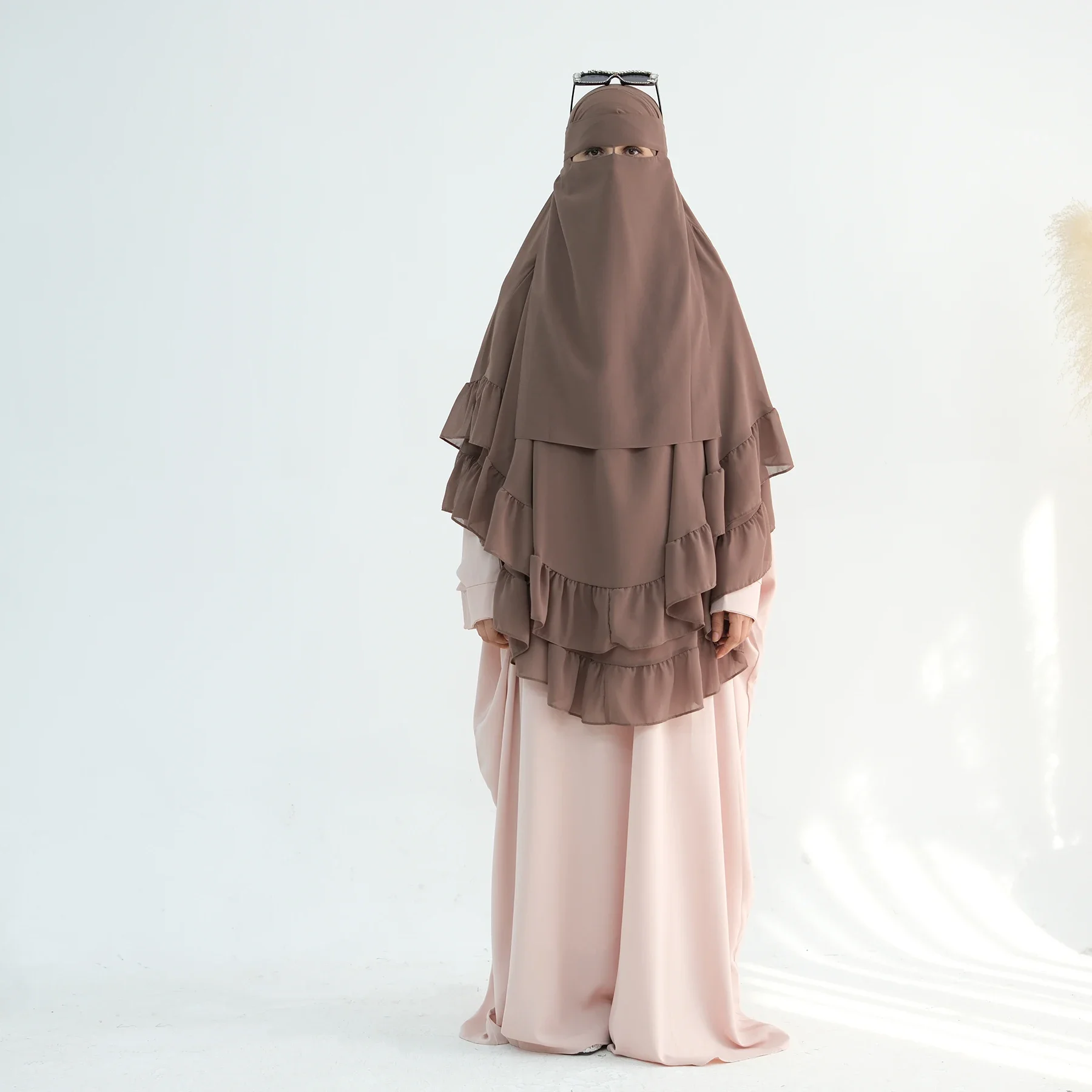 イードフリル 2 層ロングキマールヒジャーブスカーフイスラム教徒の女性の祈りの衣服イスラムジャラビヤブルカアバヤヒジャーブニカブラマダンローブ