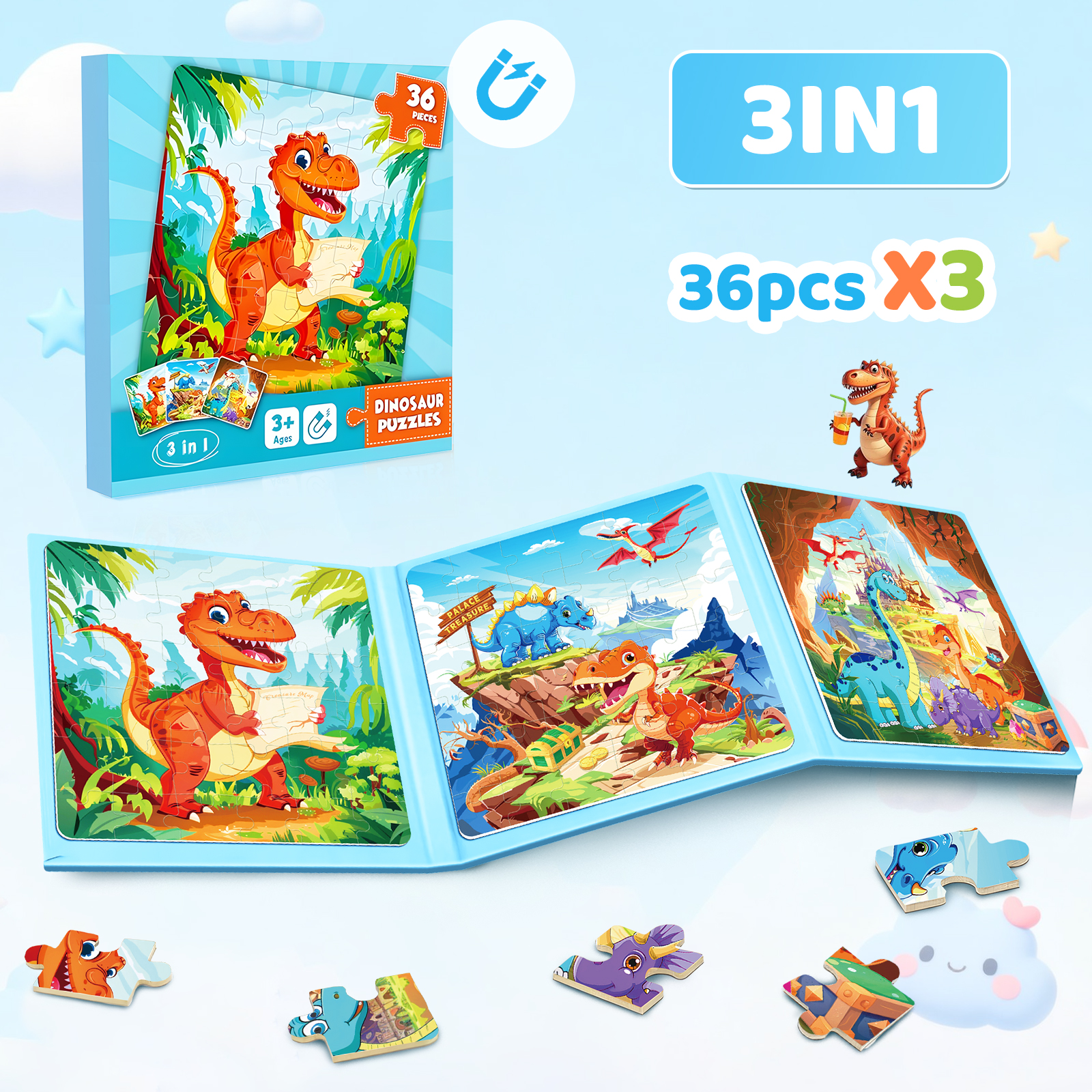 恐竜磁気ジグソーパズル子供のための 3 で 1 トラベルパズルおもちゃモンテッソーリ教育ゲーム女の子男の子誕生日プレゼント
