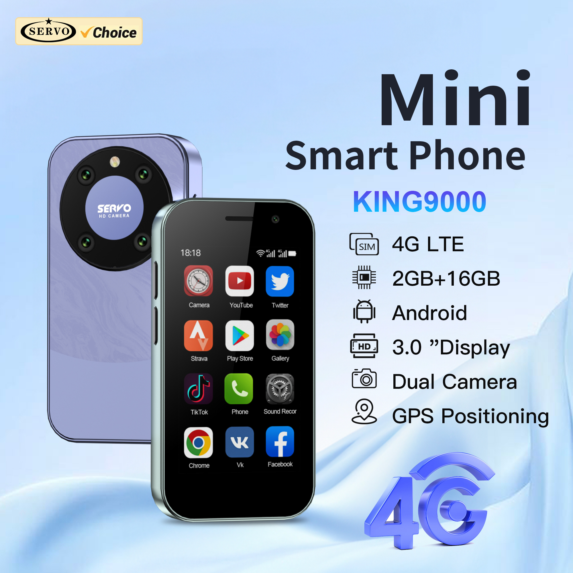 SERVO KING9000 Android ミニスマートフォン 4G LTE 2GB 16GB メモリ Play ストア GPS フェイスアンロック 3.0" 小型スマートフォンデュアル SIM スタンバイ