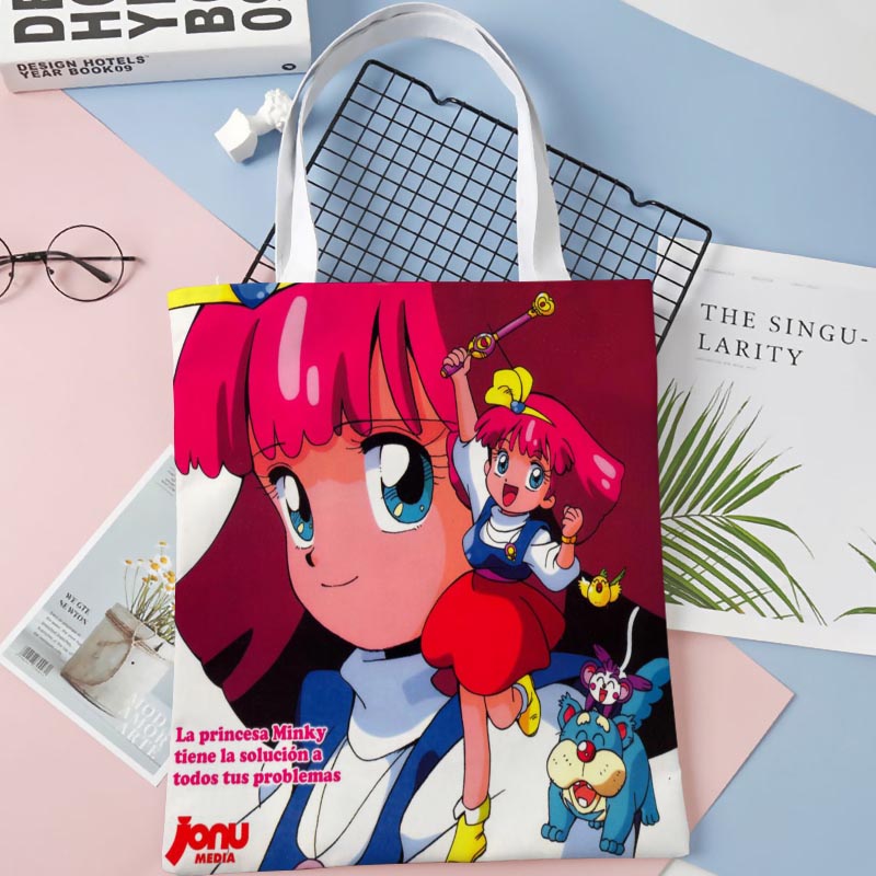 ミンキーモモアニメガールトートバッグ綿布ショルダーショッパーバッグ女性のためのハンドバッグエコ折りたたみ再利用可能なショッピングバッグ 1016WJY