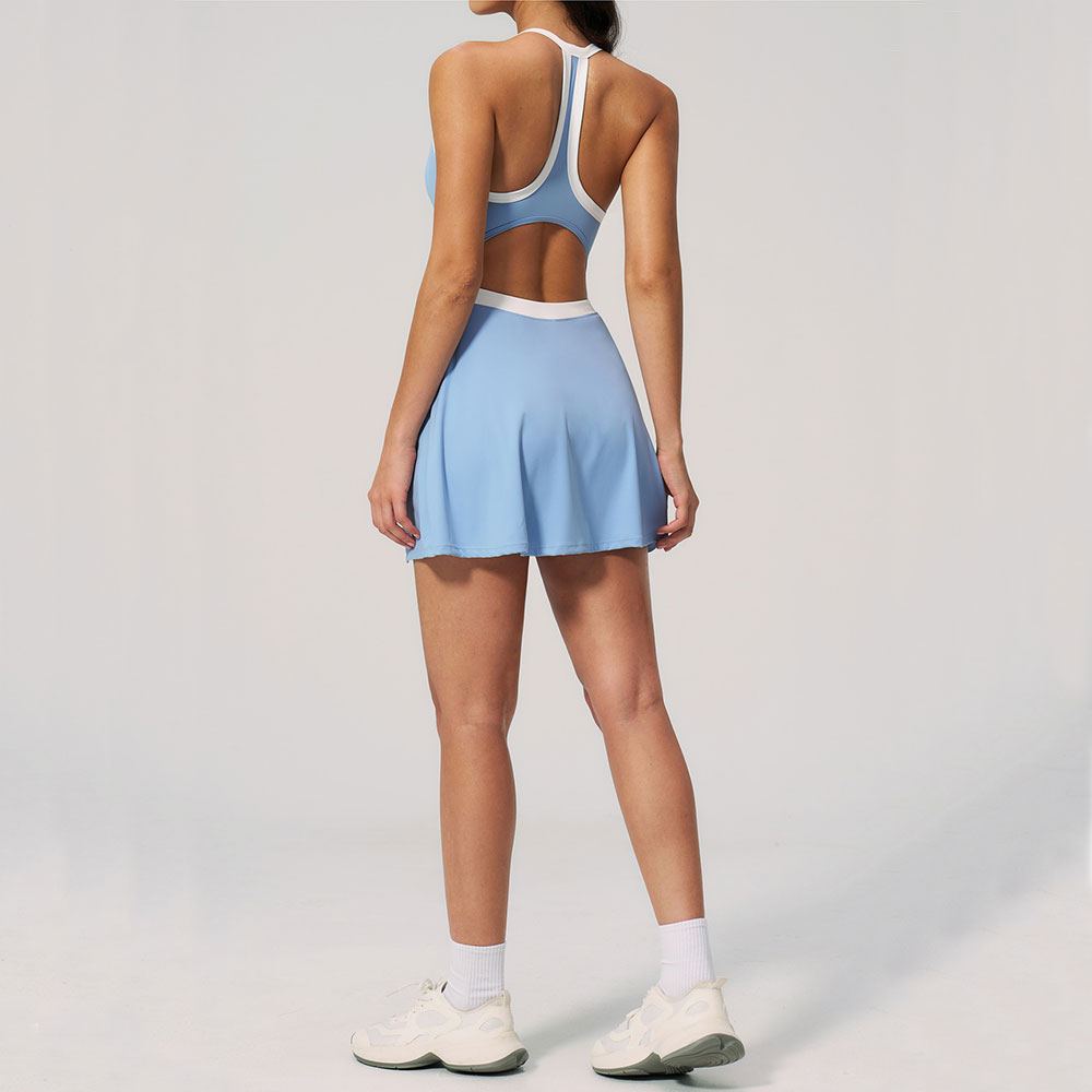 テニススカートワンピースヨガスカートポケット背中の開いたスポーツドレス女性のジムワークアウトピラティスアスレチックウェアセクシーなスリムドレス