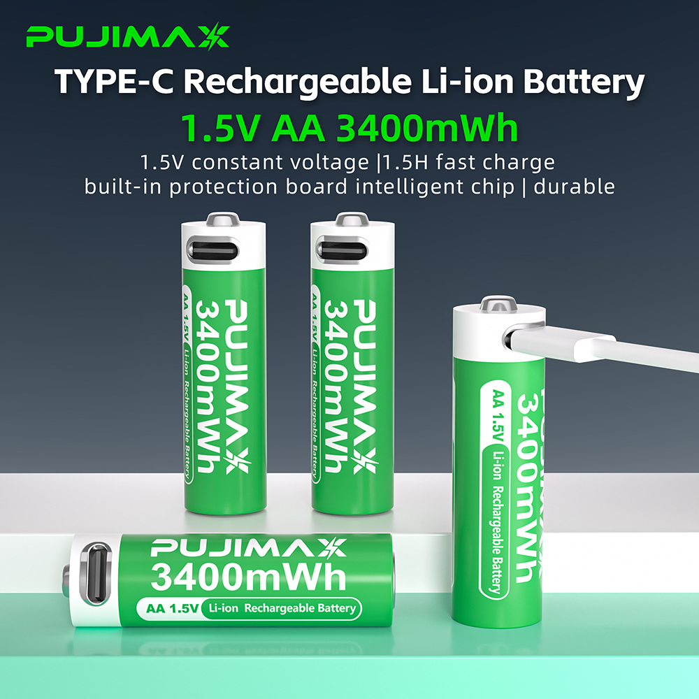 PUJIMAX USB 単 3 充電式電池 1.5V 3400mWh リチウムイオン電池リモコンマウス電気玩具バッテリー Type-C ケーブル