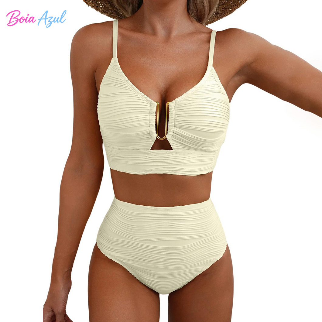 Sexy Two-Piece Swimsuit Adjustable Straps High-Waisted Good Support bra top  Jacquard Fabric Retro Classic Swimwear