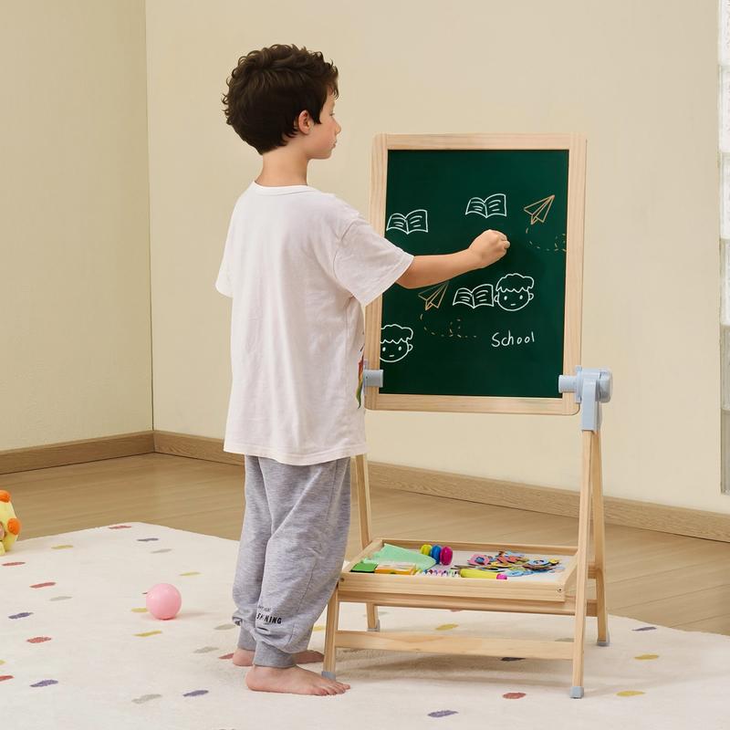 子供用アートイーゼル、マグネット式ホワイトボードと黒板付きの2-in-1木製両面子供用アートイーゼル、男の子と女の子向けの絵画アクセサリー付き調節可能な回転式折りたたみ式描画ボード