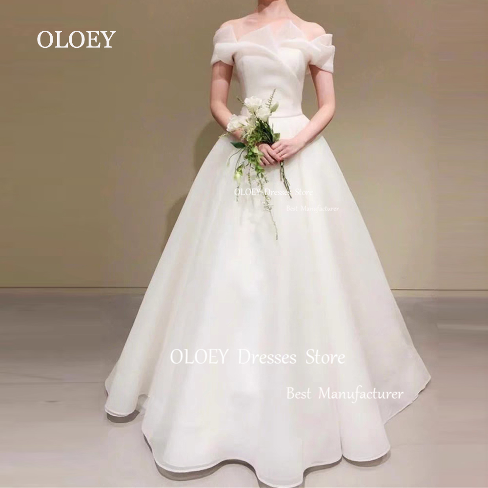 OLOEY シンプルなプリーツオフショルダーアイボリーのウェディングドレス韓国写真撮影シルキーオーガンザロングブライダルドレスコルセットジップバックカスタマイズ