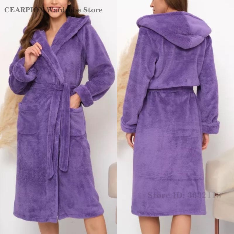 Flannel Hooded Lace Up Robe Women's Autumn Winter Bathrobe Kimono Sexy Thick Warm Sleepwear Long Sleeved Nightgown Home Clothes