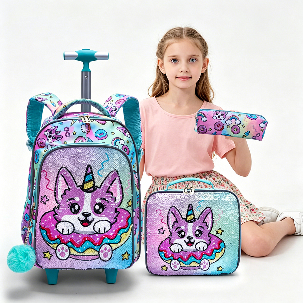 3 個の子供用トラベルバッグ、荷物バッグ、車輪付きブックバッグ、ランチボックスとペンバッグ付き、グリーン子犬スパンコール、夜間反射