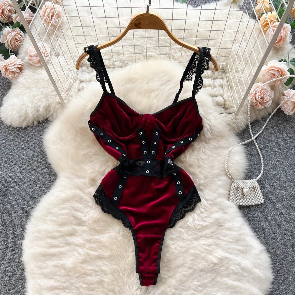 Hotsweet Vintage Strap Elegant Sleeveless Chic Lace Spliced Velour High Split Bodysuits Sexy Beach Vacation High Street Jumpsuit
