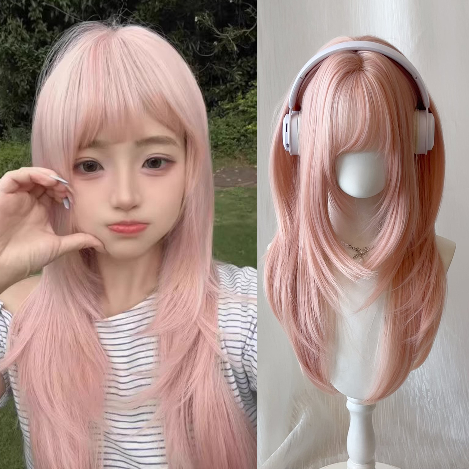 MEISU 24 インチ合成ストレートウィッグエア前髪ピンク耐熱ナチュラルとスムート日常着女性のための