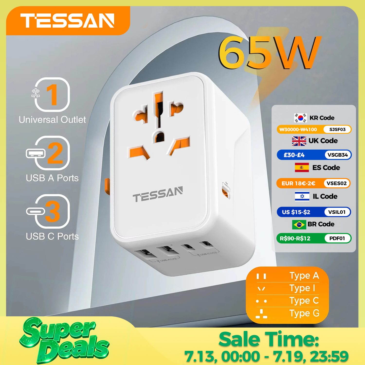 TESSAN 65 ワット GaN トラベルアダプタユニバーサルソケット 2 USB 3 タイプ C 高速充電国内電源アダプタ EU/英国/米国/オーストラリアプラグ