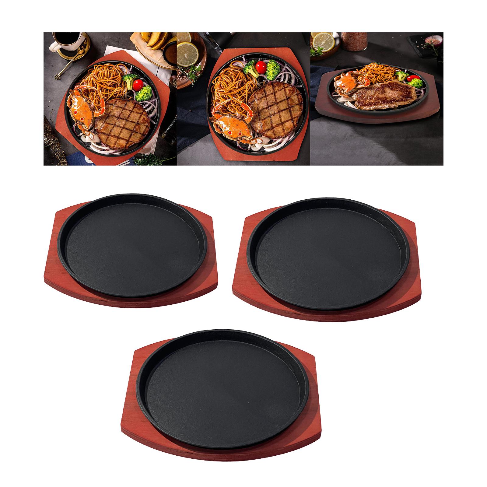 鋳鉄ステーキプレート 木製ベース付き パーソナルサイズ ラウンドグリルパン スキレット シズルグリドル レストランサービング用