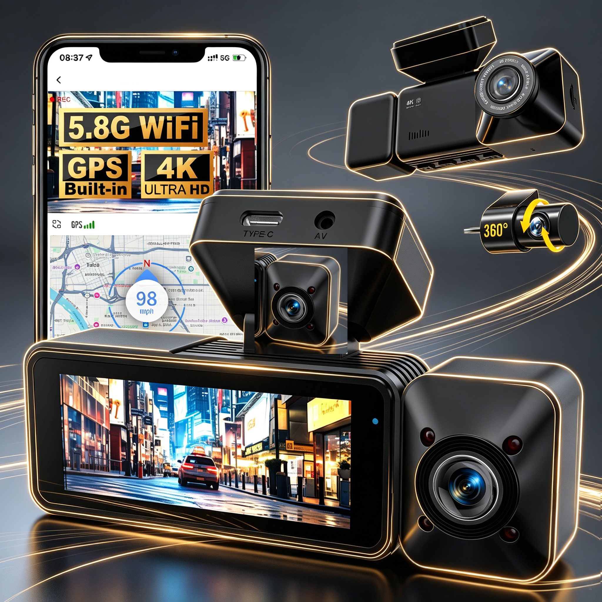 DT-NAVI デュアルレンズ ダッシュカム 3 チャンネル フロント 4K リア 1080P インテリア 1080P HDR スーパーキャパシター、GPS、WiFi 24 時間駐車モニター
