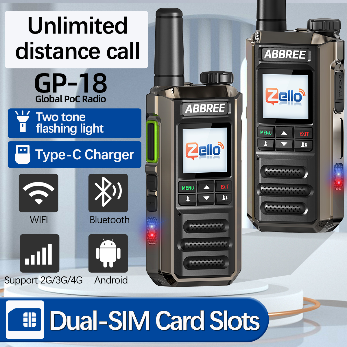 ABBREE GP-18 Zello PoC ラジオグローバル無制限距離デュアル SIM カードスロット Android Bluetooth 懐中電灯 WIFI 3G/4G ネットワークラジオ