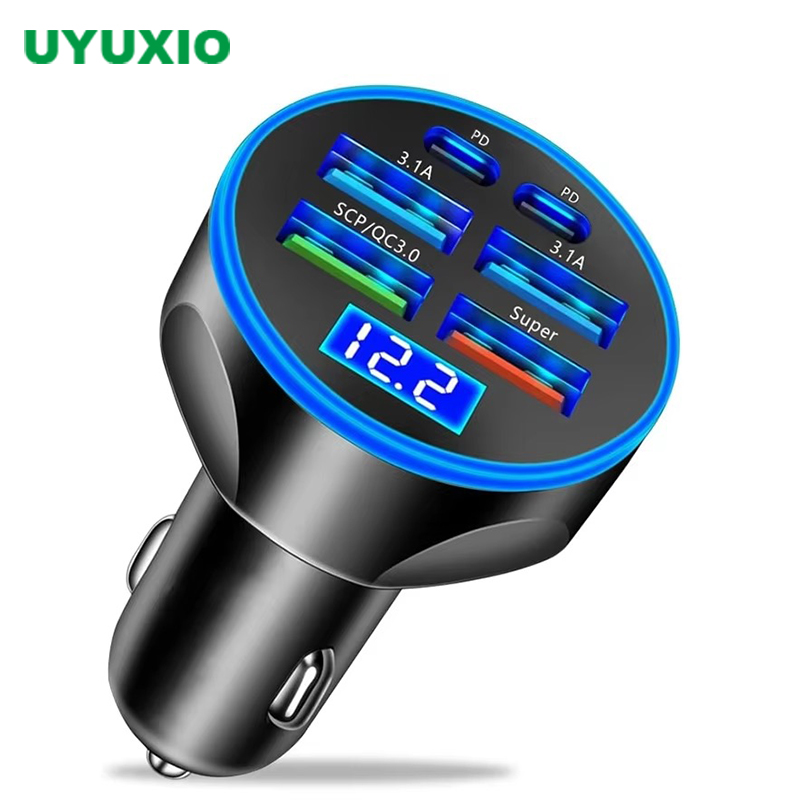 6 in 1 USB C カーチャージャーアダプター 電圧モニター付き 車内で高速充電 iPhone Samsung Vivo OPPO Oneplus 携帯電話用