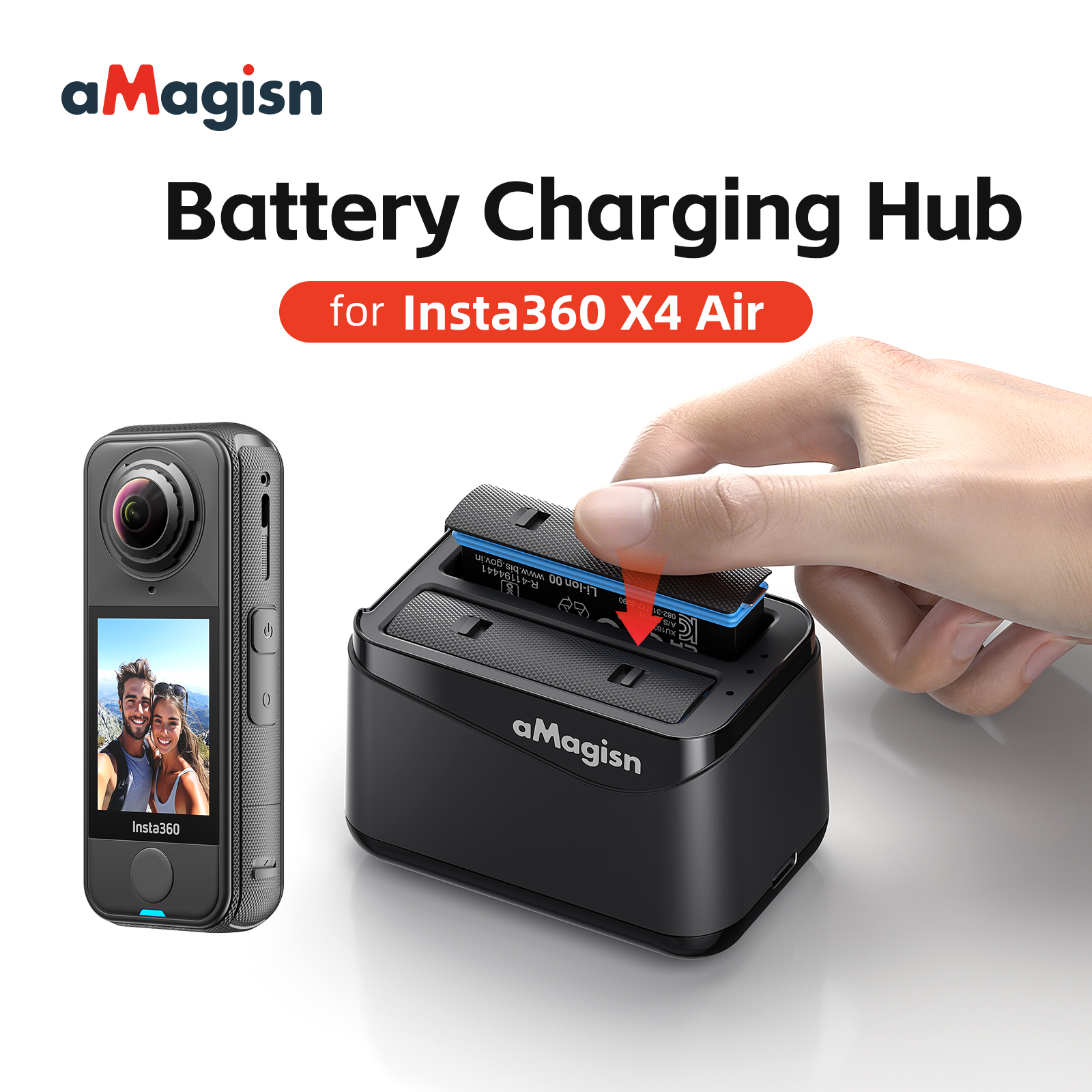 aMagisn Insta360 X4 Air用2 in 1バッテリー充電ハブ、デュアルMicro SDカードストレージ付き2スロット高速充電器、X4 Air用X4ではありません