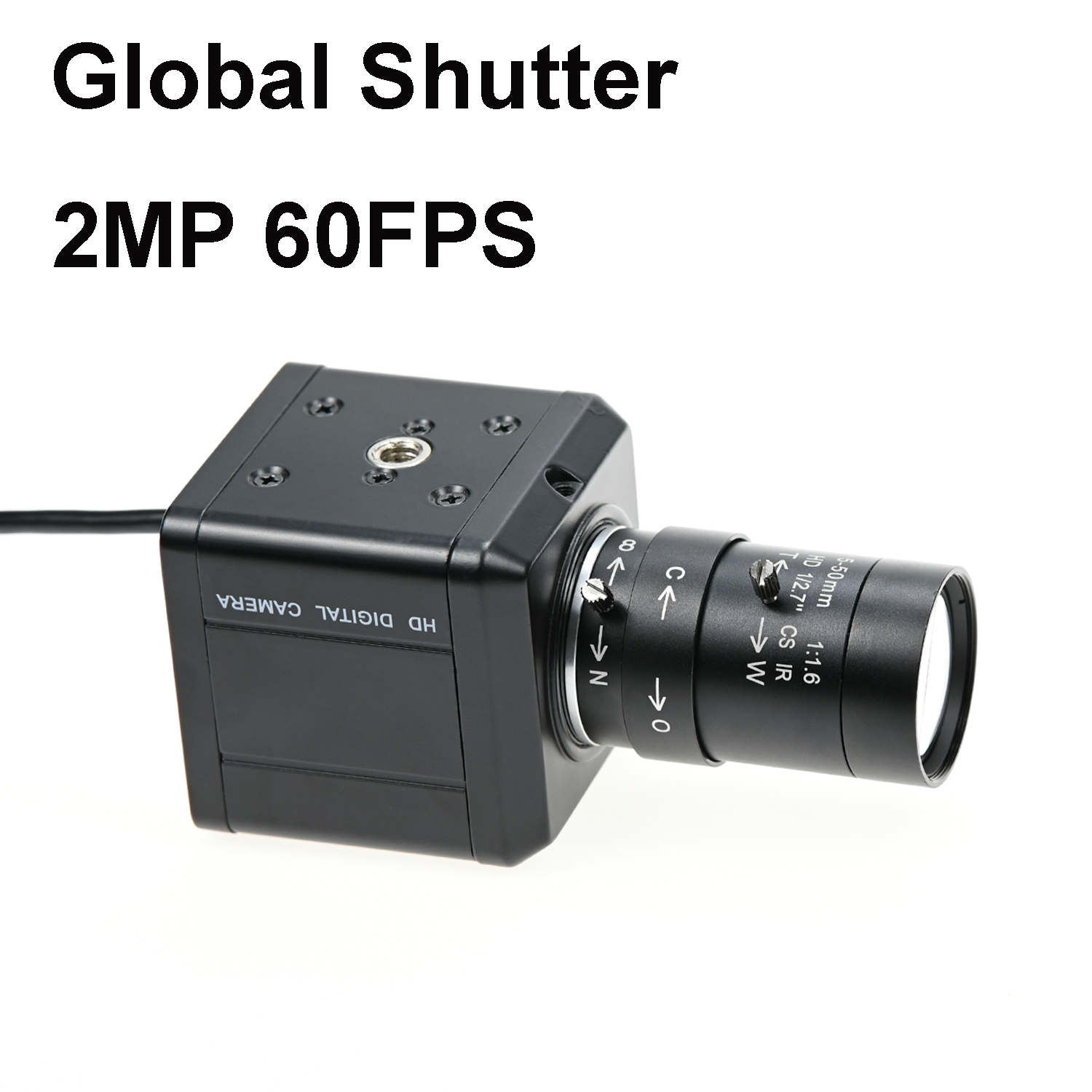 GXIVISION 60FPS 2MP グローバル シャッター カメラ USB ドライバー無料、モノクロ、1600x1200、CS レンズ付き、高フレーム レート キャプチャ Webca