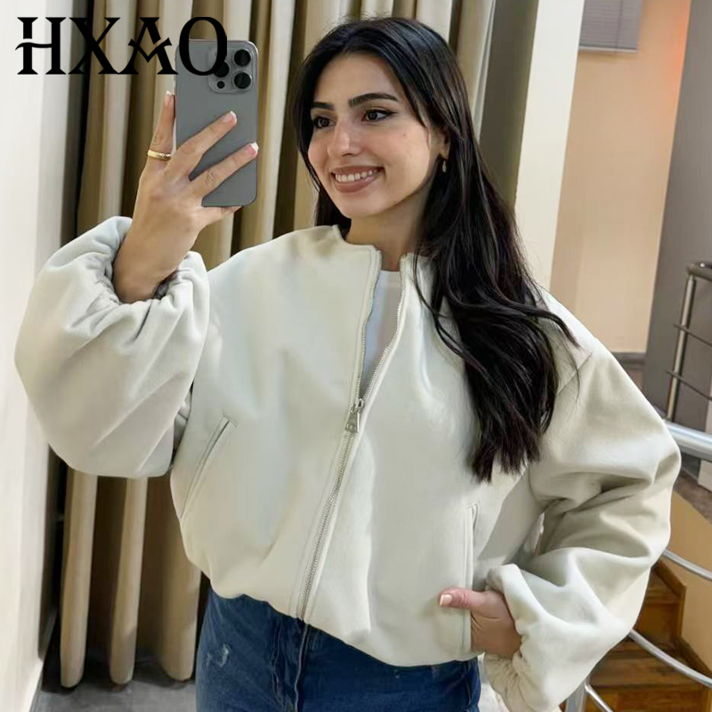 HXAO 女性のボンバージャケットレトロ O ネックソフトクロップドジャケット弾性裾ジッパー女性ショートコート女性アウター 2025 春
