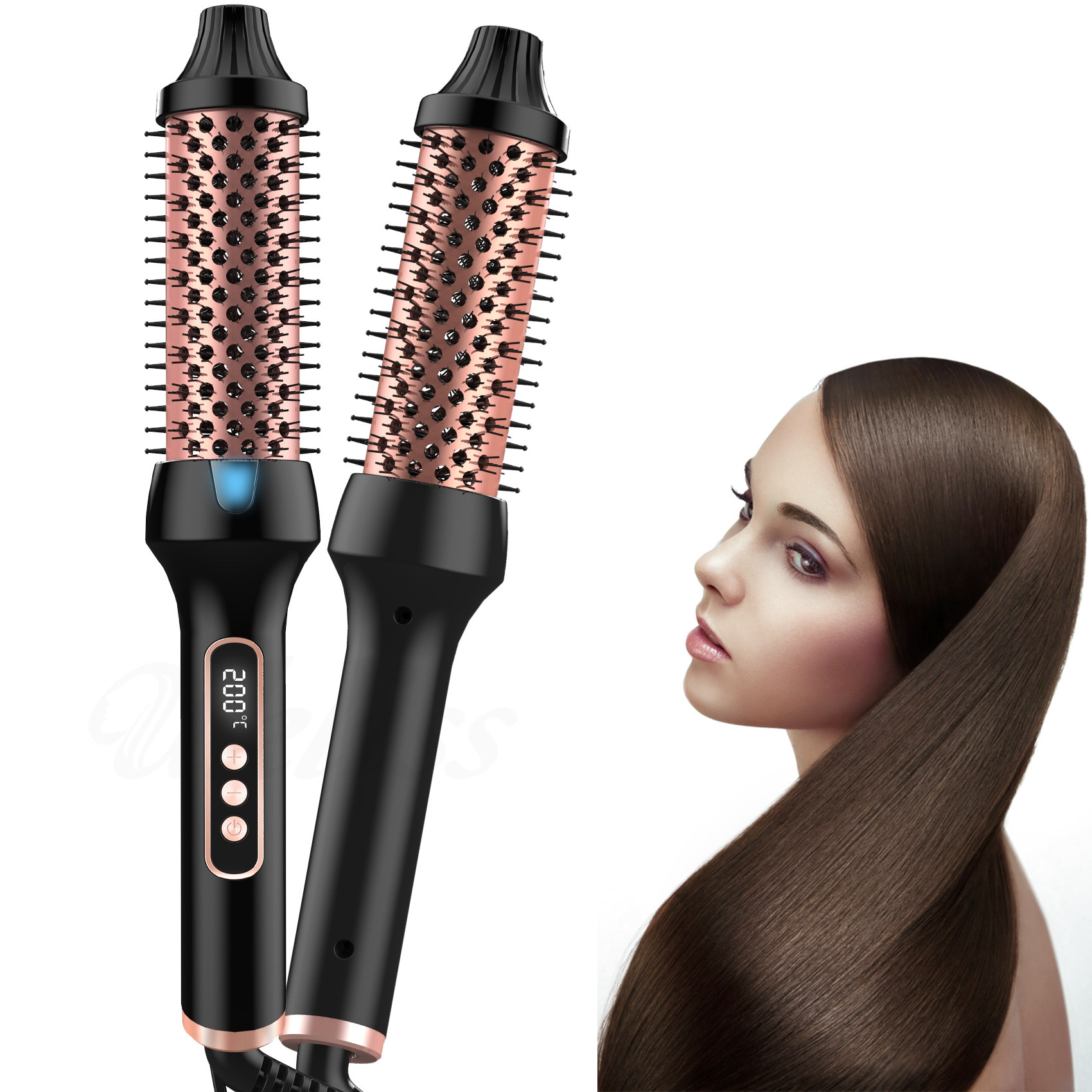 加熱スタイリングブラシ 3-in-1 イオンヘアカーラー/ストレートナー 火傷防止電気カールワンド ヘアアイロン ヘアスタイリングツール付き