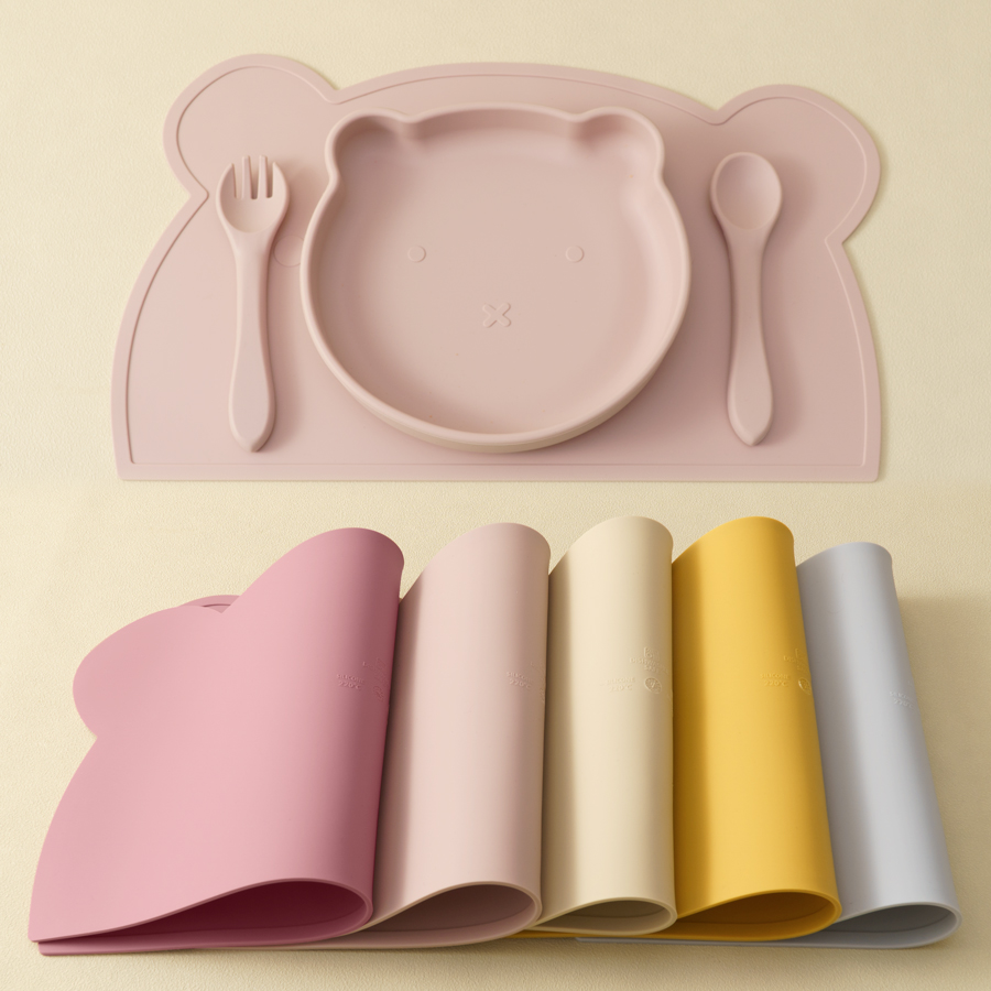 BPA フリー 4 個のシリコーン子供食器ベビー給餌セットシリコーンディナープレートスプーンフォークシリコーンプレースマットベビー用品