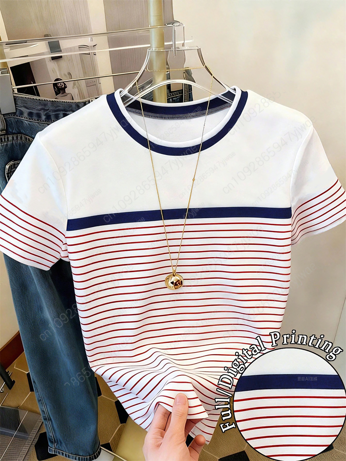 レディースカジュアルストライププリント半袖ファッショナブルなシンプルイタリアングラフィックTシャツ休暇Tシャツ夏の女性のTシャツ