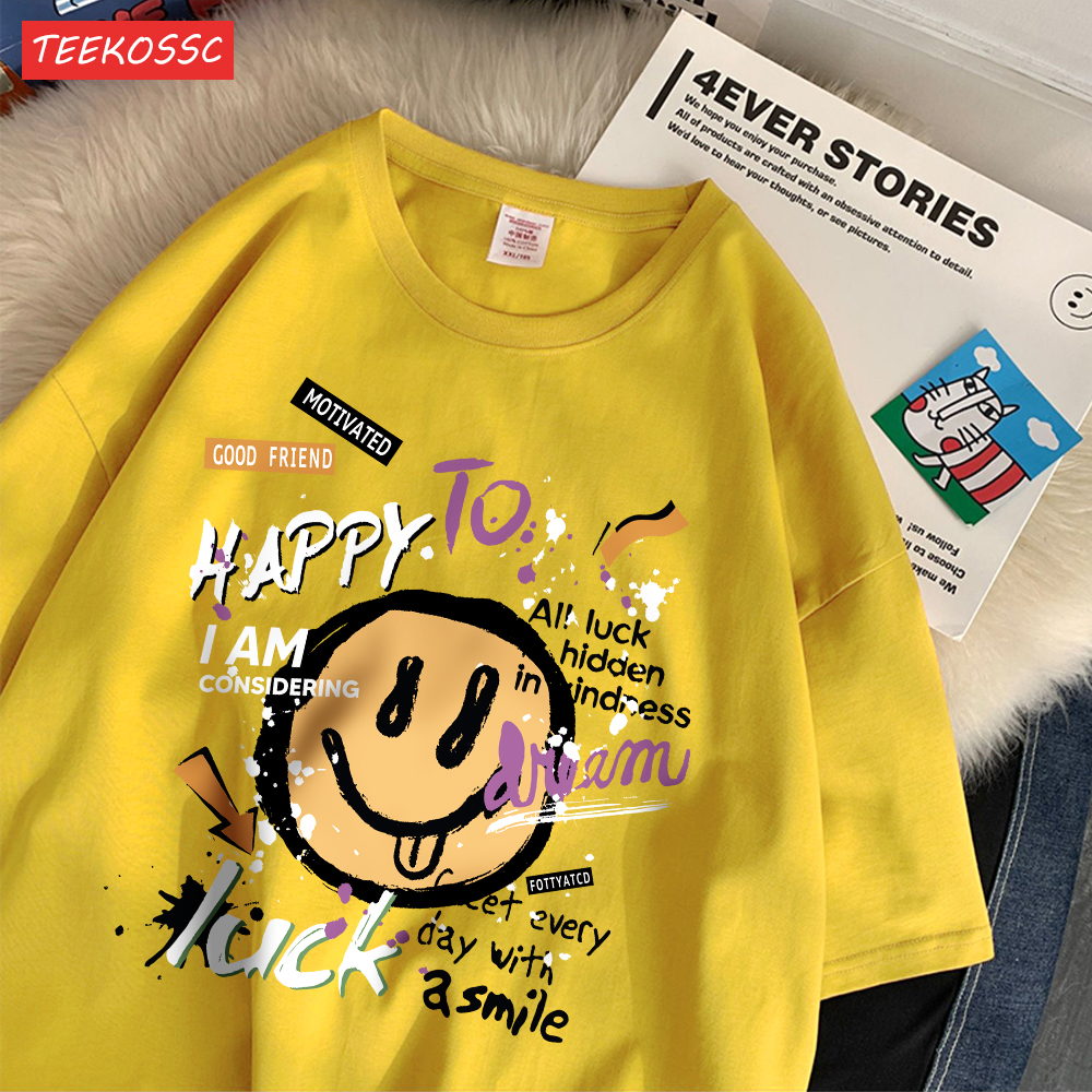 夏の綿の女性の Tシャツ楽しい落書きかわいい笑顔プリント Tシャツ通気性ルーズ O ネックカジュアルストリート女性服