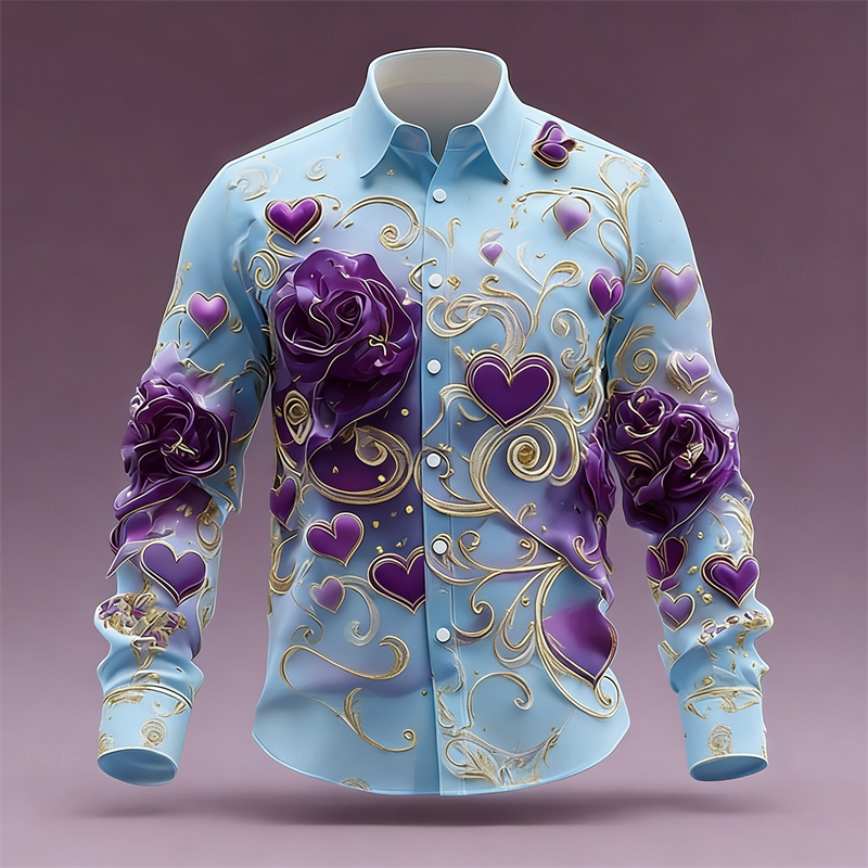 3D ローズプリントシャツメンズ長袖トップファッショナブルなハート柄カジュアルルーズゴシック服シャツトップ