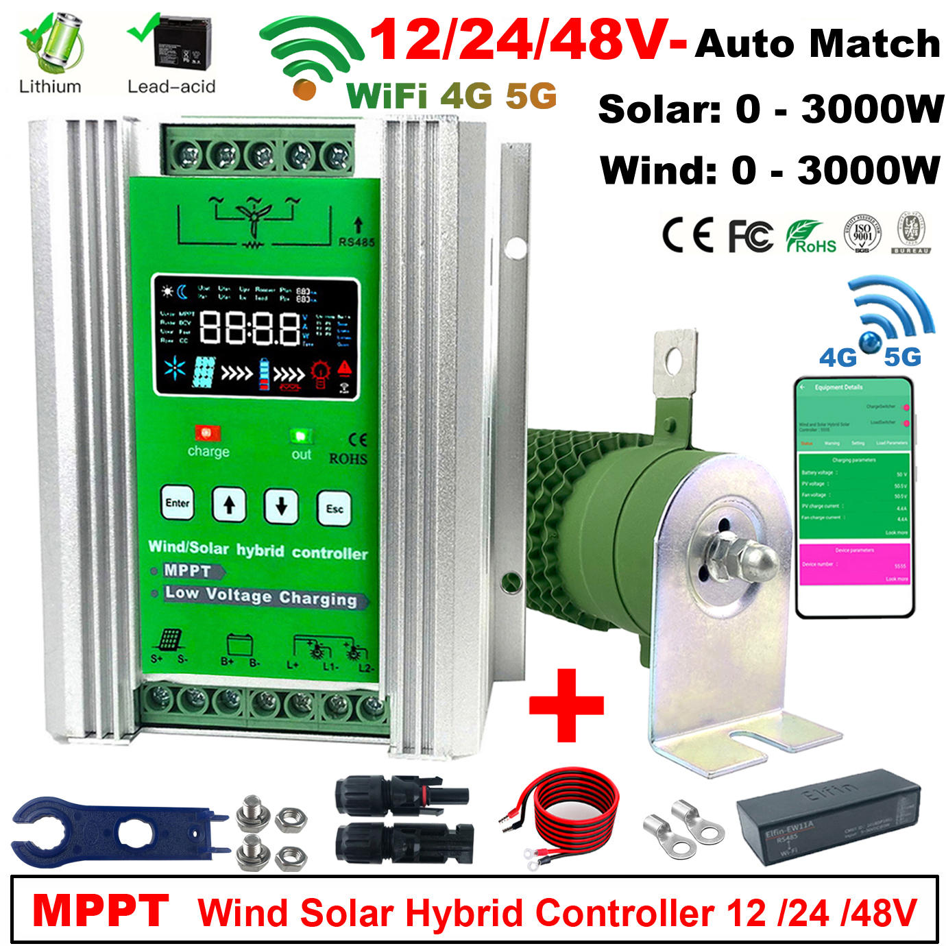 12V 24V 48V 1000W 1500W Wifi 風力ソーラーハイブリッド充電コントローラ MPPT 充電ソーラーパネル風力タービン用リチウム鉛酸バット