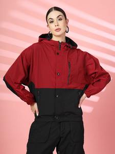Women's Two-Tone Hooded Jacket with Full Sleeves, Windproof, Woven Polyester Winter Clothing